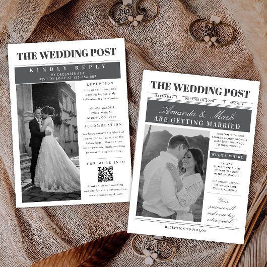 Unique Newspaper Wedding Black and white 招待状