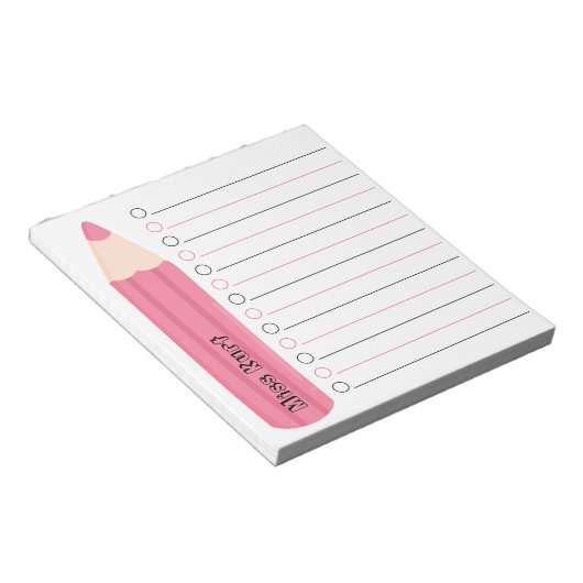 Unique Pink Pencil Lined Personalized Teacher ノートパッド (アングル)