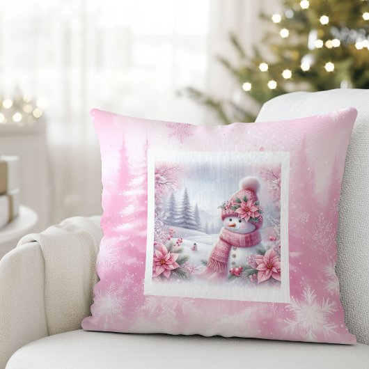 Unique Pink Snowman Christmas Scene Kids Holiday   クッション