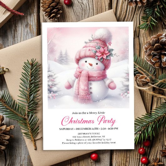 Unique Pink Snowman Kids Download Christmas Invite 招待状
