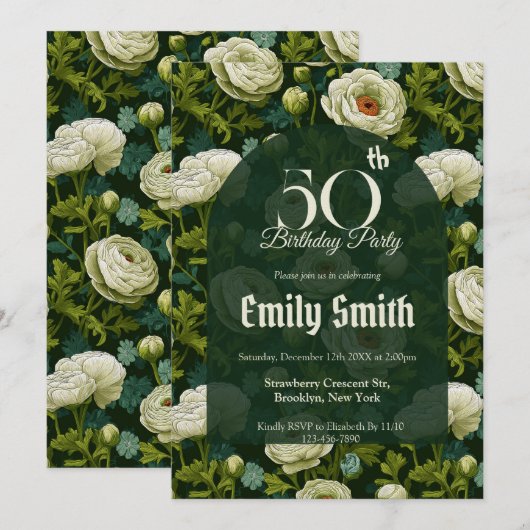 Unique Ranunculus Sparkle First Birthday Gift 招待状 (正面/裏面)