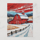 Unique Red Winter Barn Painting ポストカード (正面)