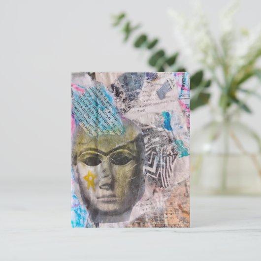 Unique Stone face Abstract Mix Media Collage ポストカード (スタンド正面)