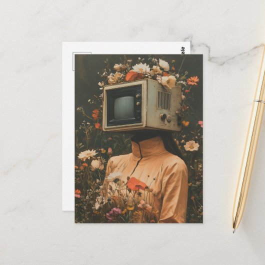 Unique Surreal Woman with TV head and flowers  ポストカード (正面/裏面インサイチュ)