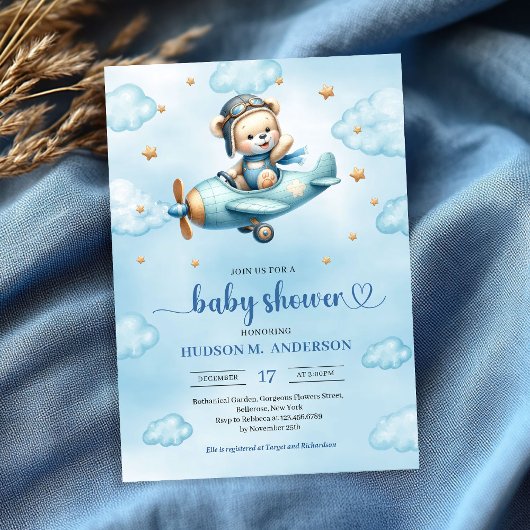 Unique Teddy Bear Pilot Blue Brown Boy Shower Card 招待状