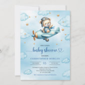 Unique Teddy Bear Pilot Blue Brown Boy Shower Card 招待状 (正面)