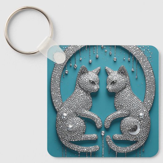 Unique Twin Crystal Cat Ornament Jewelry Sculpture キーホルダー (正面)
