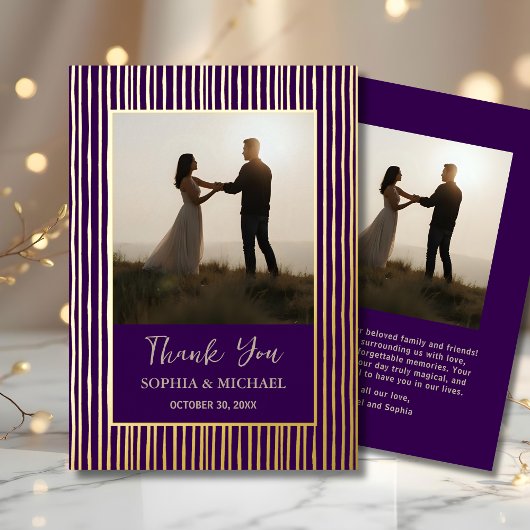 Unique Wedding Thank You Card 2 Photo Purple Gold 箔シーズンカード