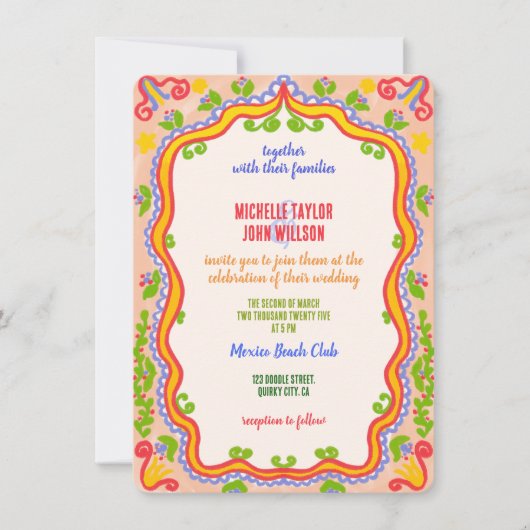 Unique Whimsical Floral Quirky Doodle Hand Drawn  招待状 (正面)