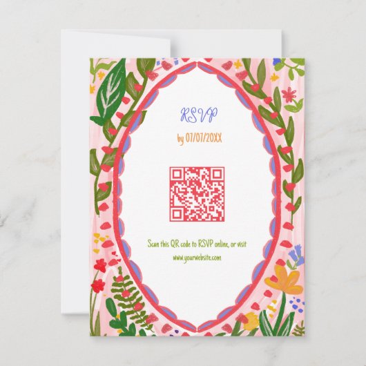 Unique Whimsical Floral Quirky Hand Drawn QR Code 出欠カード (正面)