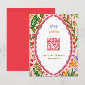 Unique Whimsical Floral Quirky Hand Drawn QR Code 出欠カード (正面/裏面)