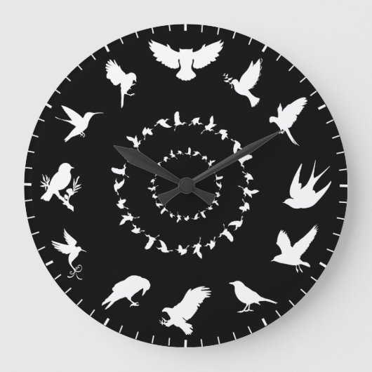 Unique Wild Bird White Silhouettes Themed ラージ壁時計 (正面)