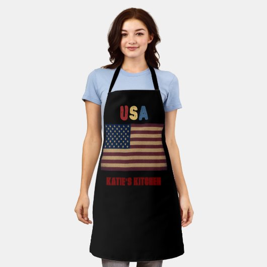 Unisex USA American Flag Retro  エプロン (着用した状態)