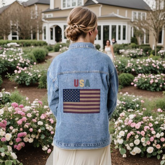 Unisex USA Retro Grunge American Flag デニムジャケット (ウェディング裏面)