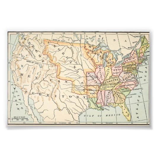United States 1830 Historical Map Illustration フォトプリント (正面)