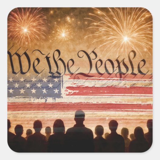 United States Constitution With Fireworks and Flag スクエアシール (正面)