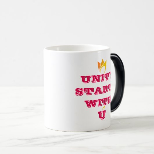 UNITYはUで始まる(黄色からオレンジ色の炎) & Logo モーフィングマグカップ (正面右)