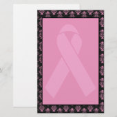 Unlinedダマスク織のピンクのリボン 便箋 (正面/裏面)