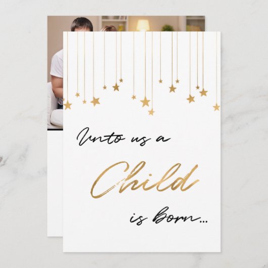 Unto Us子供は写真生まれ金ゴールドクリスマス シーズンカード (正面/裏面)