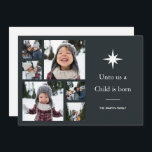 Unto Us a Child is 生まれ Photo Collage Christmas シーズンカード<br><div class="desc">写真感動的コラージュ数々のクリスマスのグリーティングカードの機能Unto私たちチャイルドは生まれクリスマスの星と白いタイポグラフィと夜空の青い色合いの黒い背景に図解入りの、写真付きの6枚の写真を持つ白い写真である。追加の色とモダン調整メーリングアクセサリーのための休日コレクションを購入。</div>