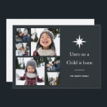 Unto Us a Child is 生まれ Photo Collage Christmas シーズンカード<br><div class="desc">写真感動的コラージュ数々のクリスマスのグリーティングカードの機能Unto私たちチャイルドは生まれクリスマスの星と白いタイポグラフィと夜空の青い色合いの黒い背景に図解入りの、写真付きの6枚の写真を持つ白い写真である。追加の色とモダン調整メーリングアクセサリーのための休日コレクションを購入。</div>