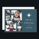 Unto Us a Child is 生まれ Photo Collage Christmas シーズンカード<br><div class="desc">写真感動的コラージュ数々のクリスマスのグリーティングカードの機能Unto私たちチャイルド生まれはクリスマスの星と白いタイポグラフィ図解入りの、写真付きので、ダークブルーの背景に6枚の写真。追加の色とモダン調整メーリングアクセサリーのための休日コレクションを購入。</div>