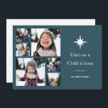Unto Us a Child is 生まれ Photo Collage Christmas シーズンカード<br><div class="desc">写真感動的コラージュ数々のクリスマスのグリーティングカードの機能Unto私たちチャイルド生まれはクリスマスの星と白いタイポグラフィ図解入りの、写真付きので、ダークブルーの背景に6枚の写真。追加の色とモダン調整メーリングアクセサリーのための休日コレクションを購入。</div>