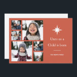 Unto Us a Child is 生まれ Photo Collage Christmas シーズンカード<br><div class="desc">写真感動的コラージュ数々のクリスマスのグリーティングカードの機能Unto私たちチャイルドは生まれクリスマスの星と図解入りの、写真付きの6つの写真の白いタイポグラフィでありますオレンジ色の背景に。追加の色とモダン調整メーリングアクセサリーのための休日コレクションを購入。</div>
