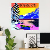 UNWIND – 雪の山の湖ボート。編集可能 ポスター (ホームオフィス)