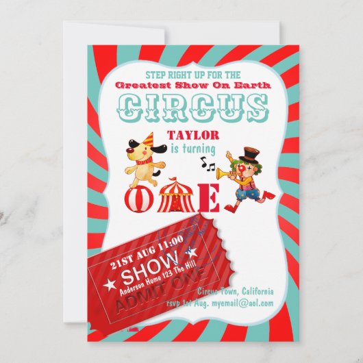 UP 転が CIRCUS 1stバースデー男の子の女の子のショース 招待状 (正面)