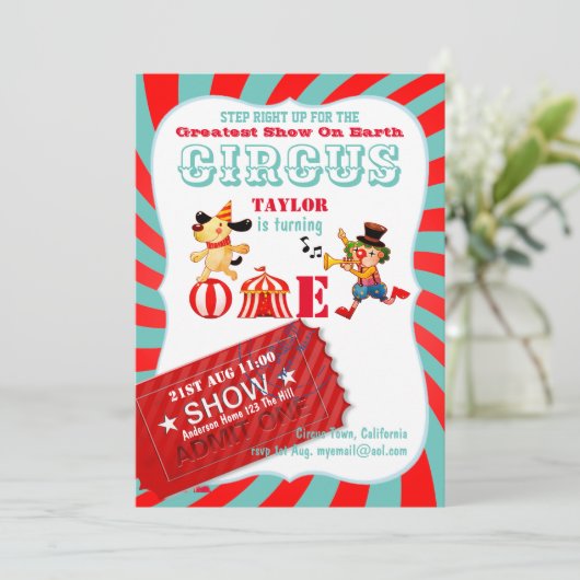 UP 転が CIRCUS 1stバースデー男の子の女の子のショース 招待状 (スタンド正面)