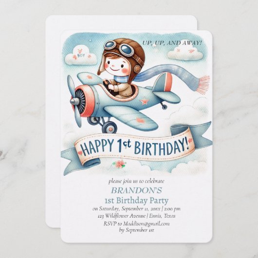 Up & 遠くに1th Birthday Boy Airplane 招待状 (正面/裏面)