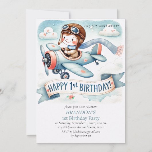 Up & 遠くに1th Birthday Boy Airplane 招待状 (正面)