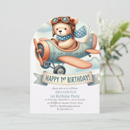 Up & 遠くに1th Birthday Boy Airplane 招待状 (スタンド正面)