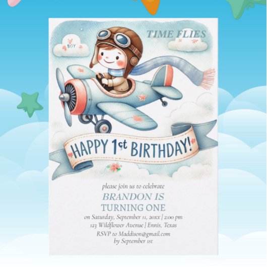 Up & 遠くに1th Birthday Boy Airplane 招待状