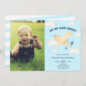 Up & 遠くにFirst Boy誕生日飛行機写真 招待状 (正面/裏面)