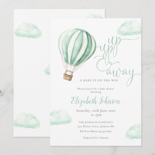 Up And Away Hot Air Balloon Neutral Baby Shower 招待状 (正面/裏面)