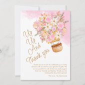 Up, Up, and – ピンク遠くにフローラバルーン赤ちゃんシャワー サンキューカード (正面)