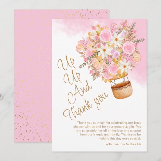 Up, Up, and – ピンク遠くにフローラバルーン赤ちゃんシャワー サンキューカード (正面/裏面)