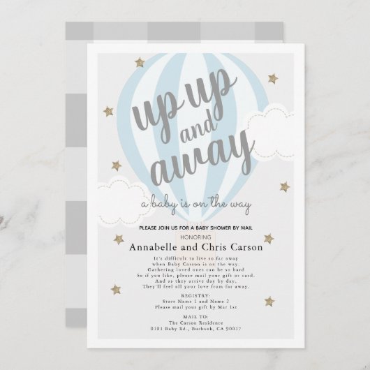 Up Up and Away ホットエアバルーン ブルー シャワーメール便 招待状 (正面/裏面)