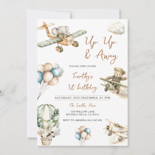 Up Up & Away Airplane Boy 1st Birthday 招待状 (正面)