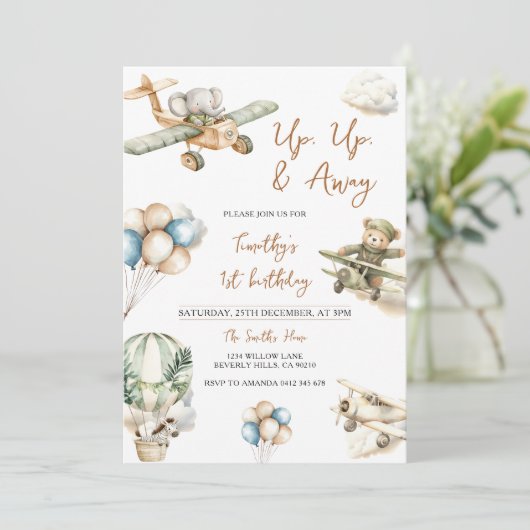 Up Up & Away Airplane Boy 1st Birthday 招待状 (スタンド正面)