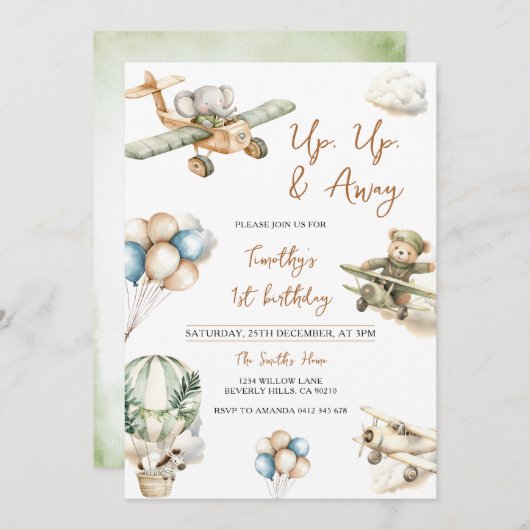 Up Up & Away Airplane Boy 1st Birthday 招待状 (正面/裏面)