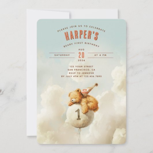 Up、Up、Bearをテーマ遠くににした最初の誕生日 招待状 (裏面)