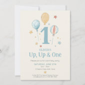 Up Up One ビンテージ風バルーン 夢想 初めての誕生日 招待状 (正面)
