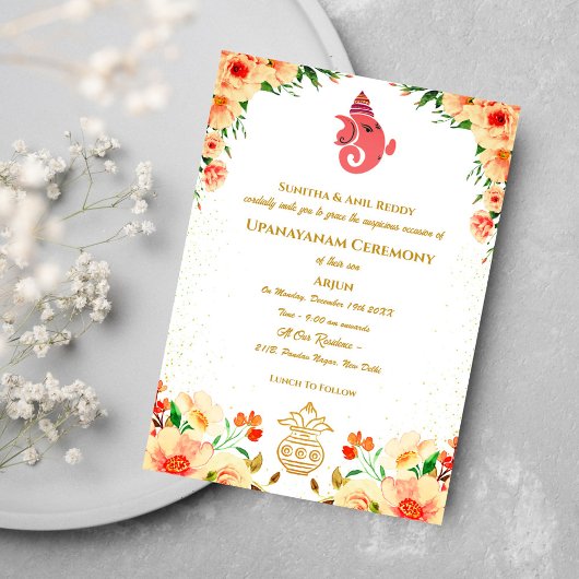 upanayanam(ウパナヤナム)とも呼ばれるヒンズー教の神聖な糸、ジャネウ(ジャヌ)儀式 招待状
