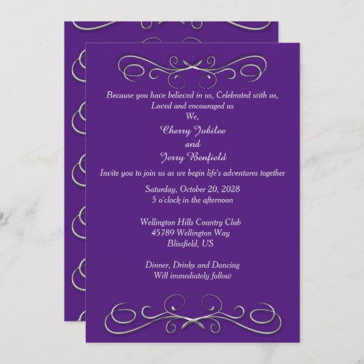 URカラー上のシルバースワール結婚式招待状 招待状 (正面/裏面)