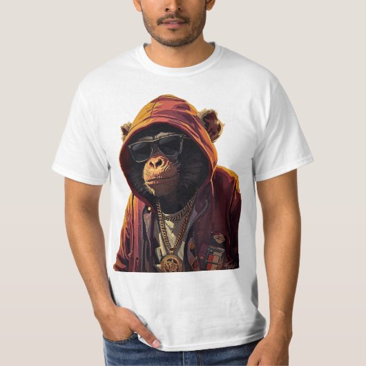 Urban Chimp – Cool Chimpanzee with Hoodie and Gold Tシャツ (正面)