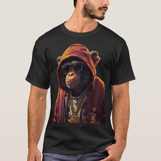 Urban Chimp – Cool Chimpanzee with Hoodie and Gold Tシャツ (正面)