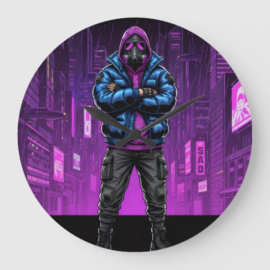 Urban Gas Mask Rebel – Cyberpunk Streetwear Art ラージ壁時計 (正面)